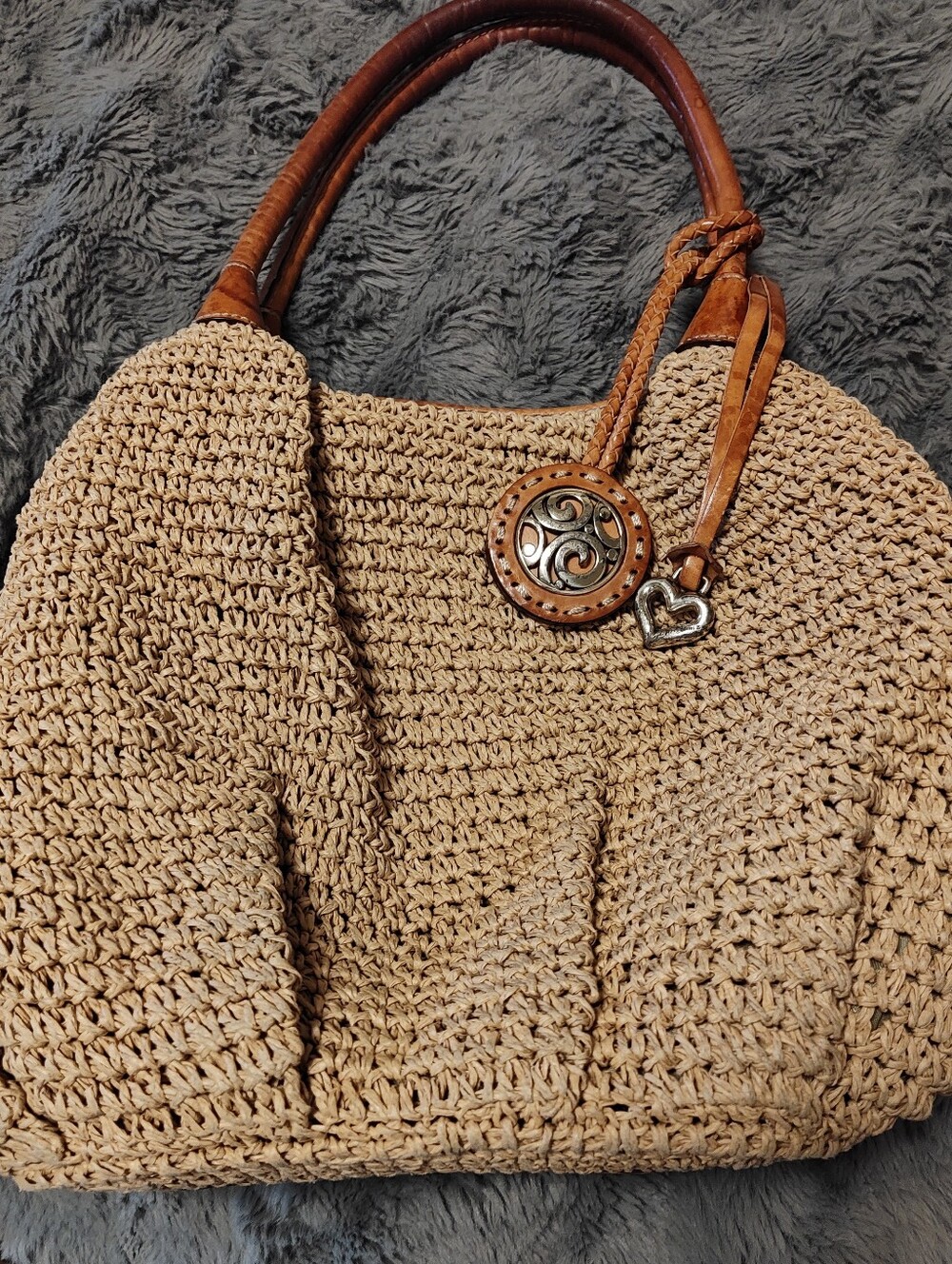 Vintage Brighton Woven Straw Shoulder Bag with Brown Leather Handles